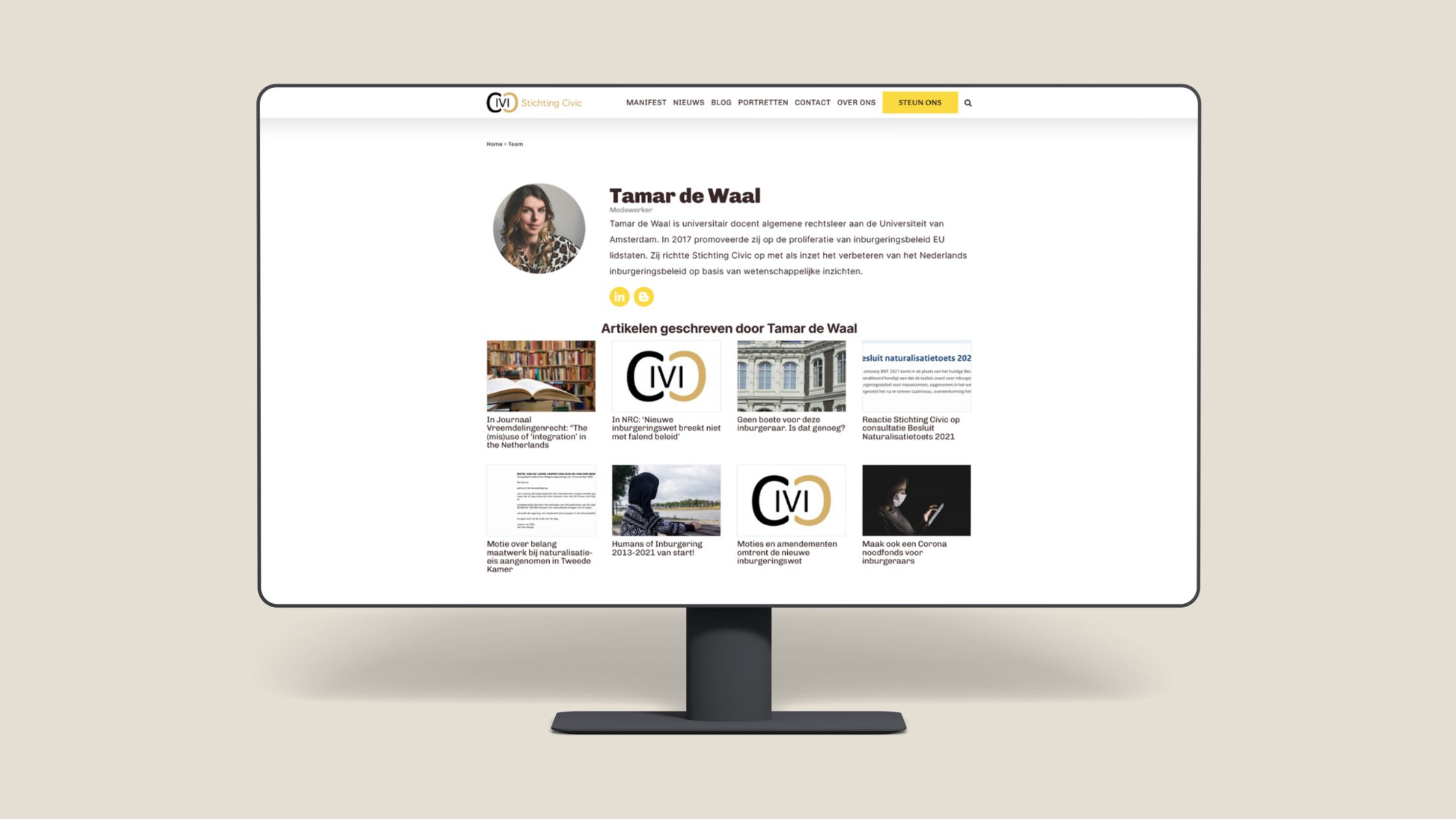 website van Stichting Civic, de persoonlijke pagina van Tamar de Waal waarop te zien hoe alle artikelen die geschreven zijn door haar onderaan op de pagina verschijnen.